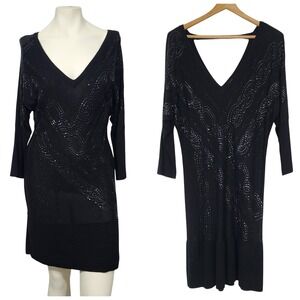 Y2K Vintage Cache Black Beaded Sweater Dress L Open Back V Neck Party Glam party